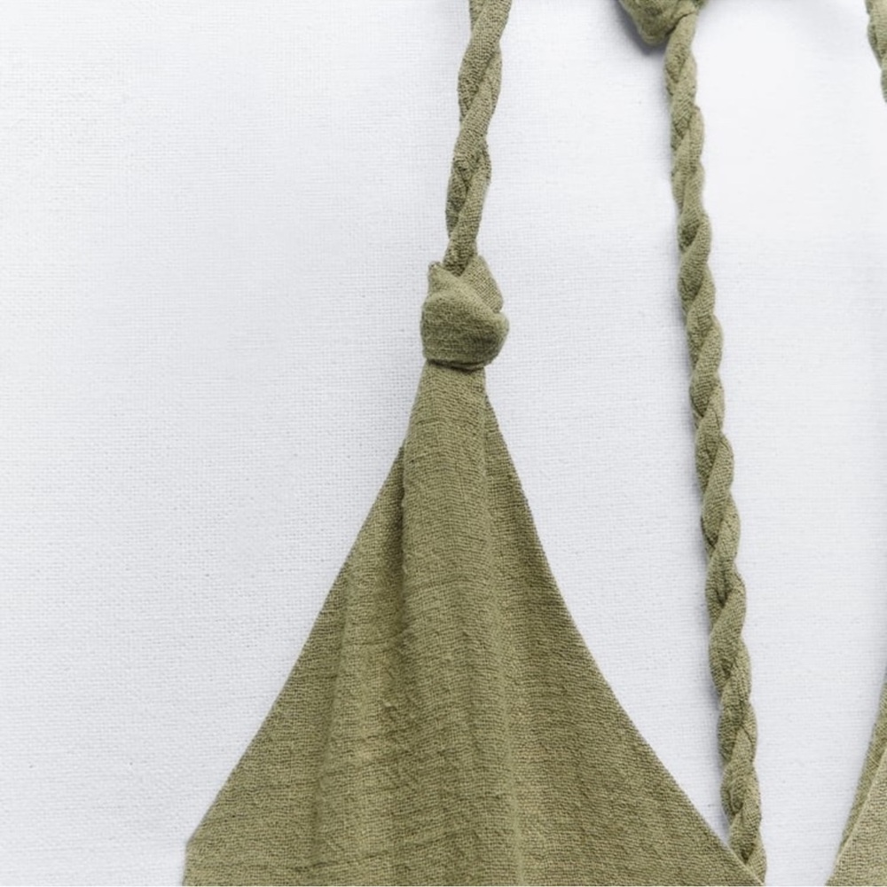 NWT | ZARA 100% LINEN SAGE OLIVE GREEN BRAIDED COVERALL WIDE LEG BOHO JUMPSUIT - Picture 3 of 9